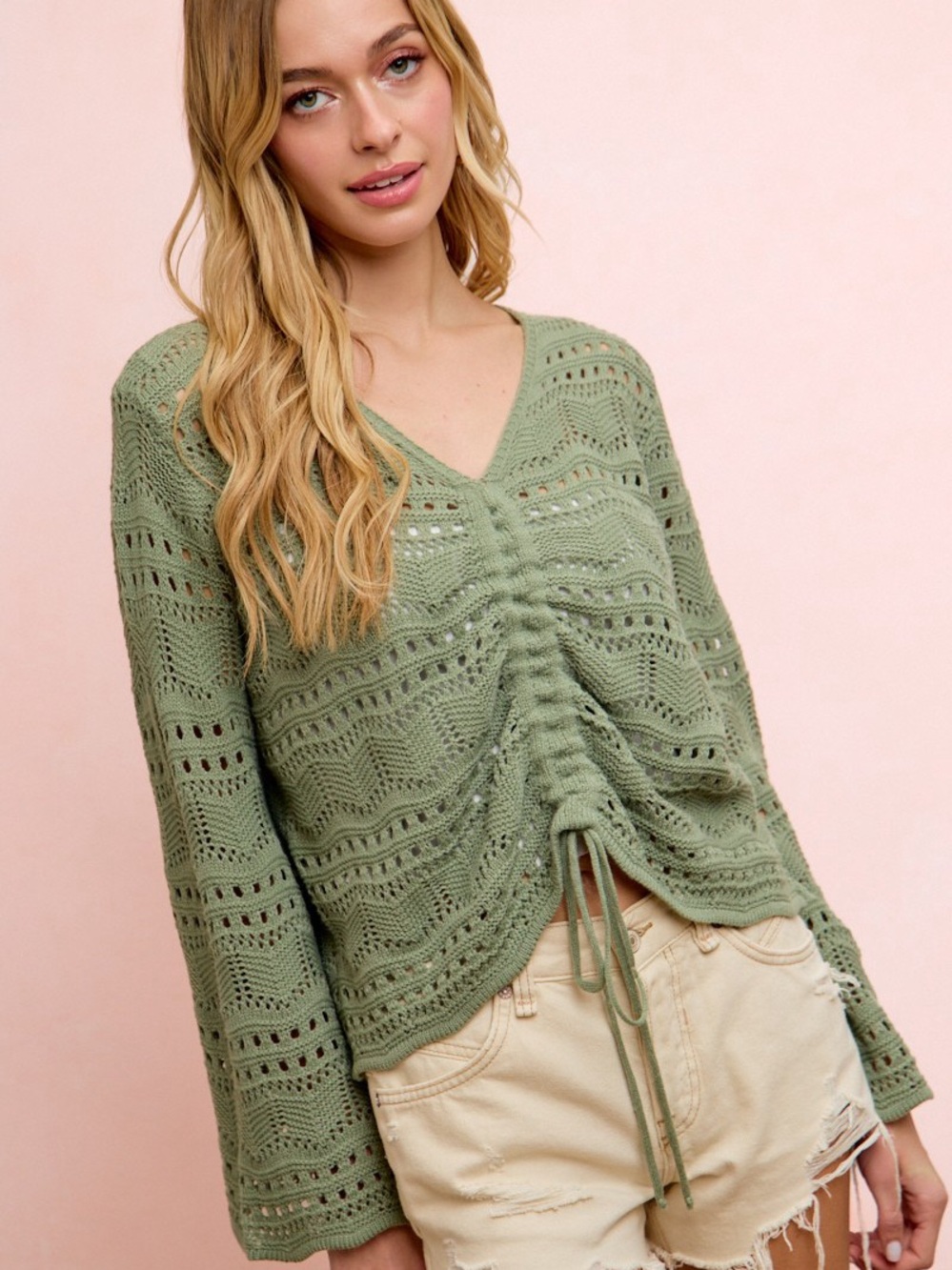 💚 Hello Gorgeous! BiBi Pointelle Knit V Neck Ruched Front Lightweight Top